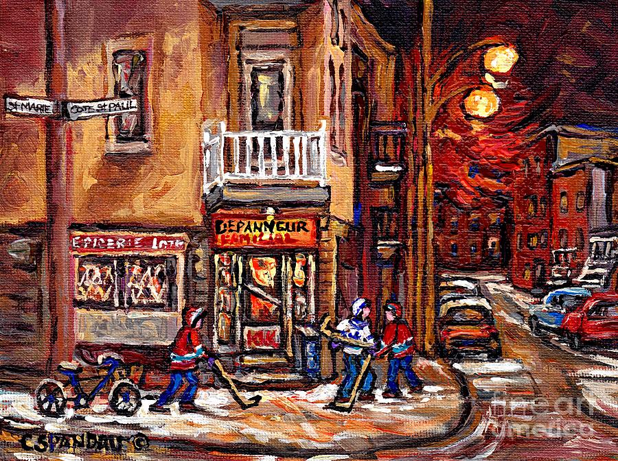 Night Street Hockey Game Painting Depanneur Familiale Ville Emard Cote St Paul Scenes Canadian Art  Painting by Carole Spandau