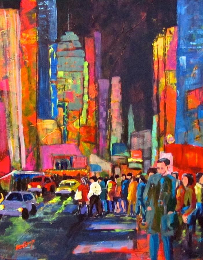 Night Street in Theater District Painting by Barbara OToole