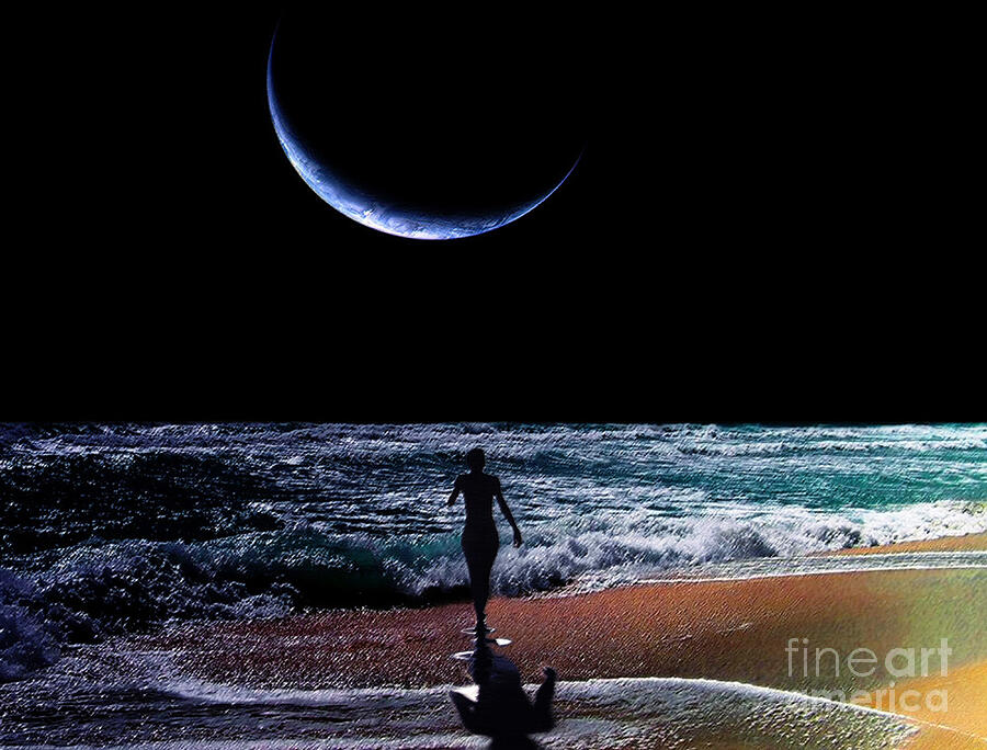 Nighttime Beach Stroll Under Half Moon Digital Art by Landscape