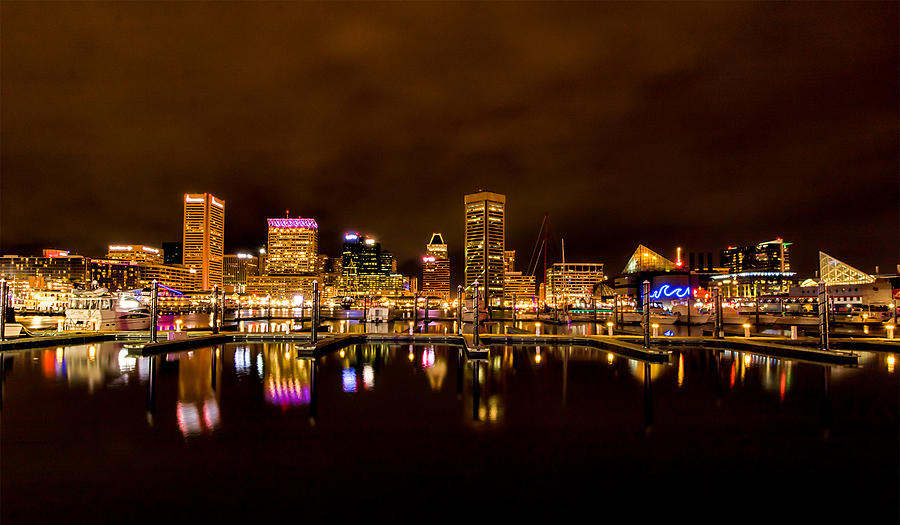 Night Time Skyline Baltimore Inner Harbor Photograph by Carol Ward