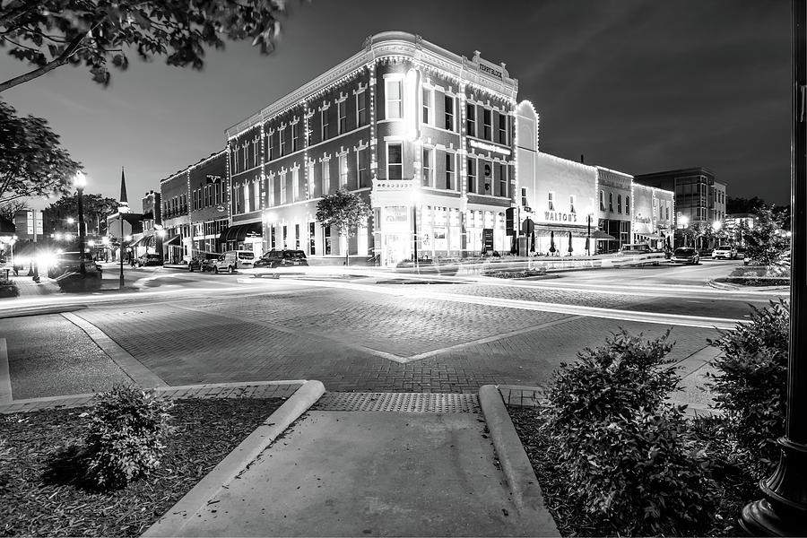 Black And White Photograph - Night Traffic - Downtown Bentonville Arkansas - Black and White by Gregory Ballos