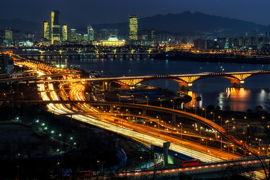 Rush Hour Movie Photograph - Night traffic over han river in seoul by Aaron Choi