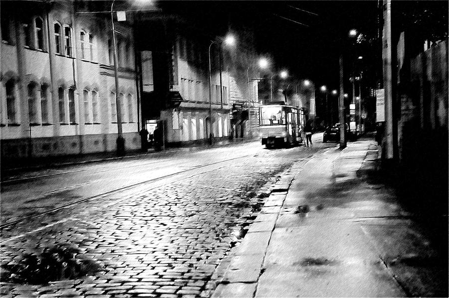 Transportation Photograph - Night Tram in Prague. Black n White by Jenny Rainbow