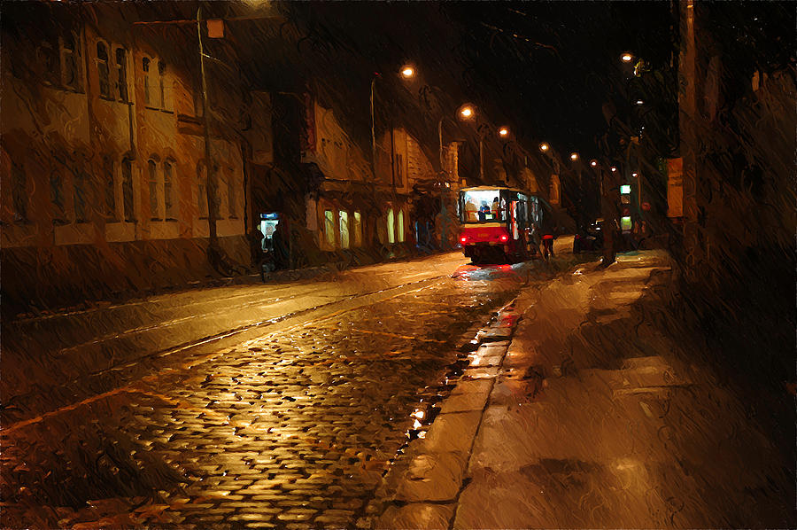 Transportation Photograph - Night Tram in Prague by Jenny Rainbow