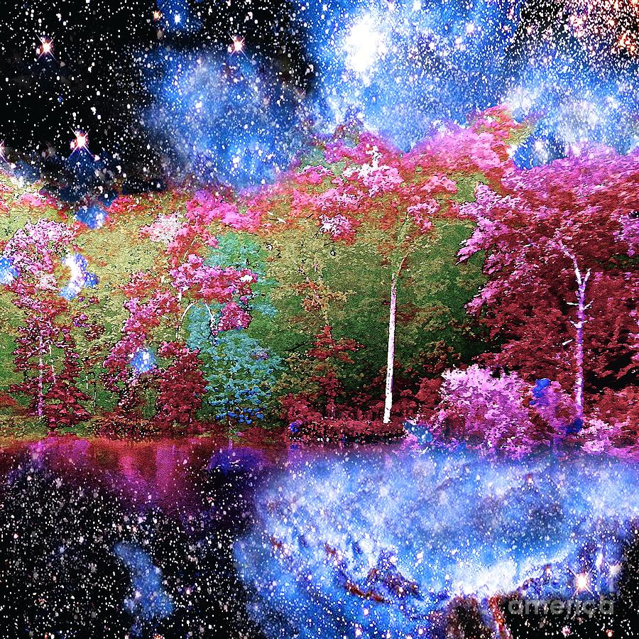 Night Trees Starry Lake Painting by Saundra Myles