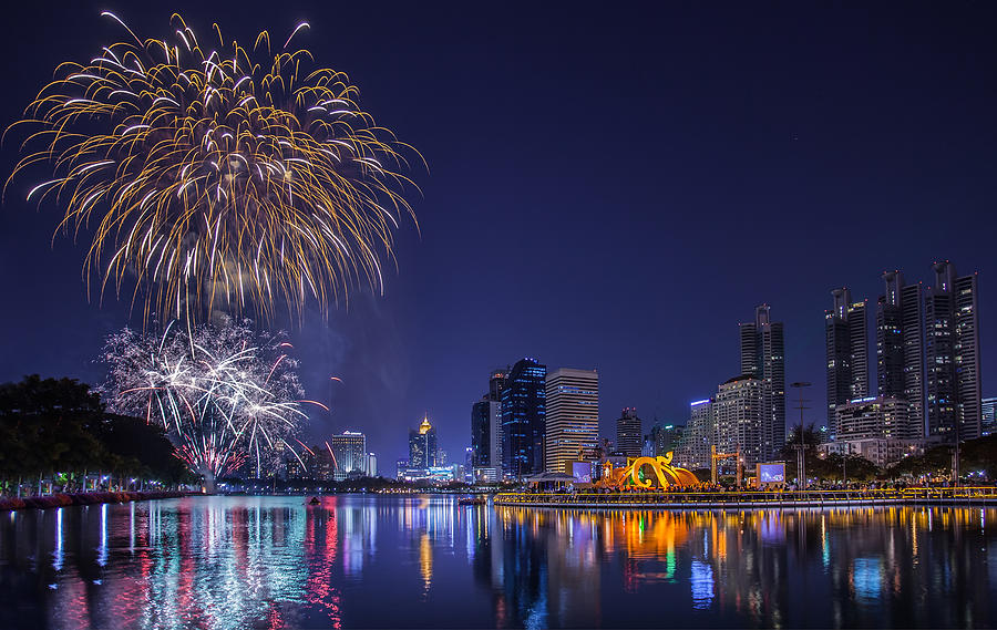 Night View And Firework At Bangkok Photograph By Anek Suwannaphoom - Pixels