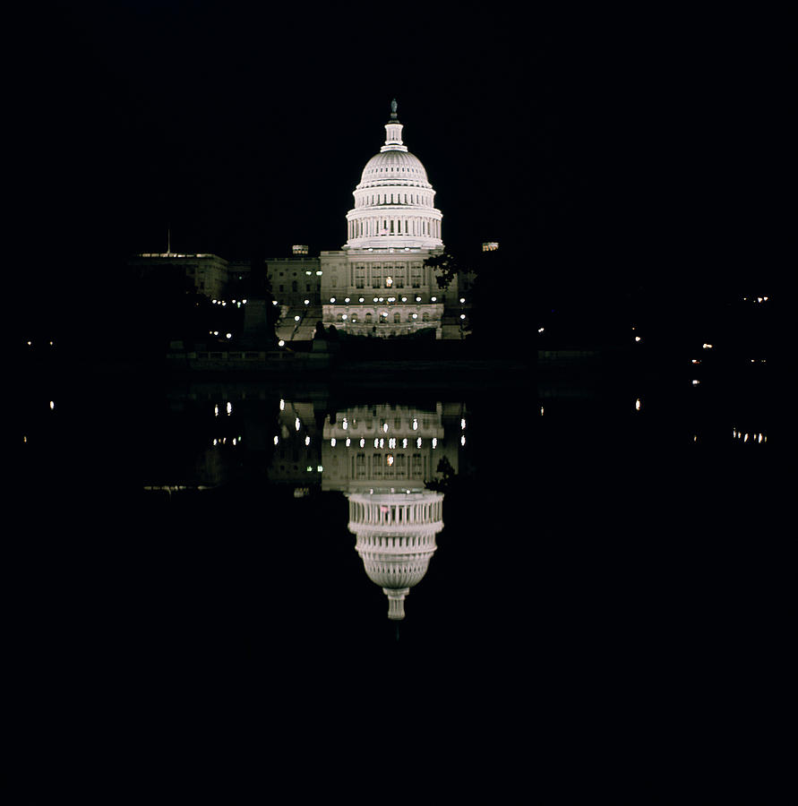 Architecture Photograph - Night View of the Capitol by American School