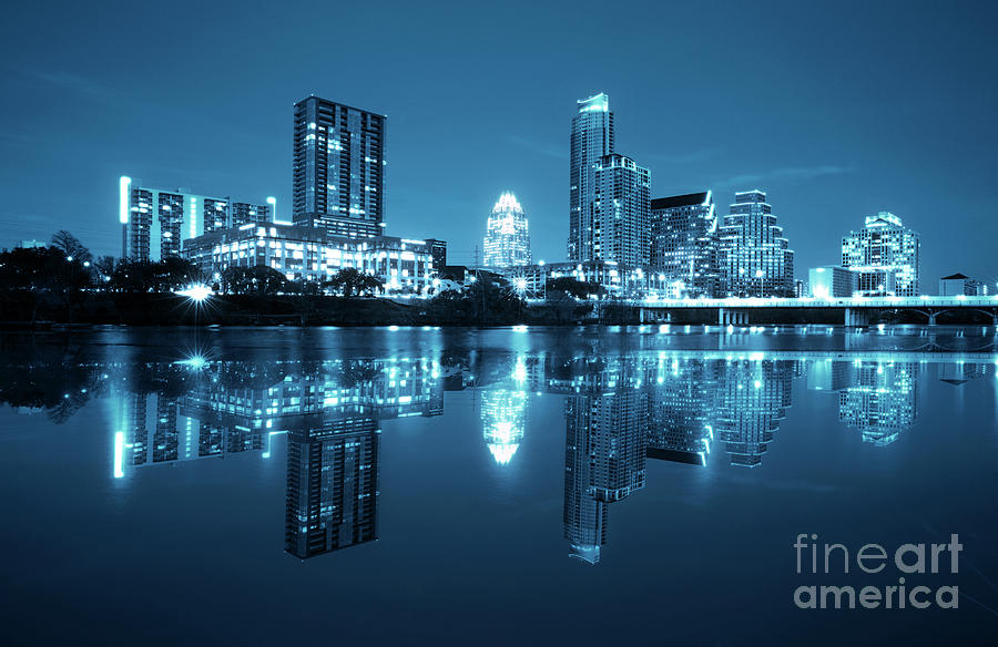 Austin Photograph - Night view of the downtown Austin Skyline high tech center in Austin, Texas by Dan Herron