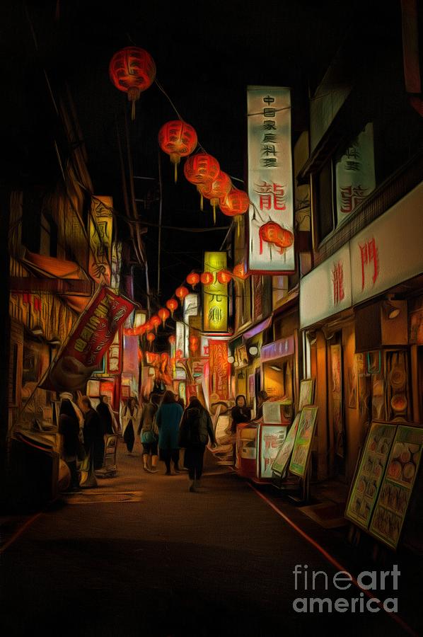 Night Walk Digital Art - Night Walk in Yokohama Chinatown by Eva Lechner