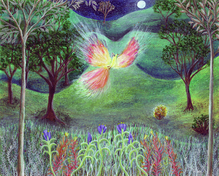 Night With Fire bird and Sacred Bush Painting by Lise Winne