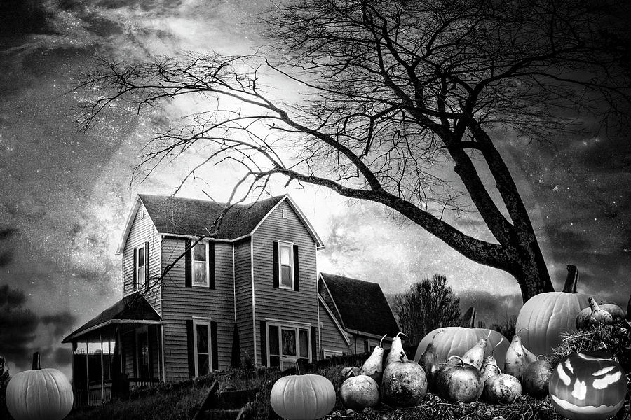Nightfall on Halloween in Black and White Photograph by Debra and Dave Vanderlaan