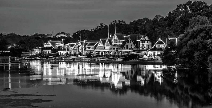 Nightshot of Boathouse Row in  Philadelphia in Black and White Photograph by Bill Cannon