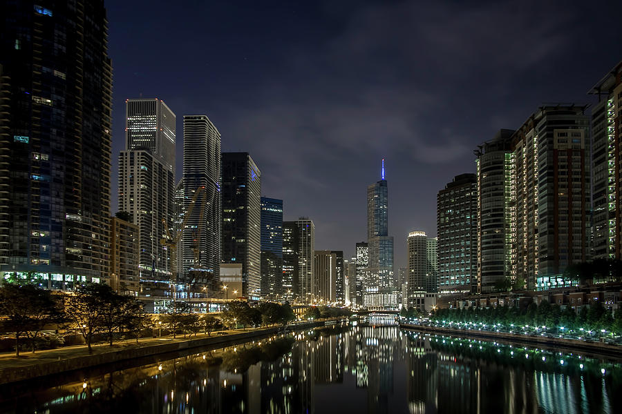 Nighttime Chicago River and Skyline view Photograph by Sven Brogren