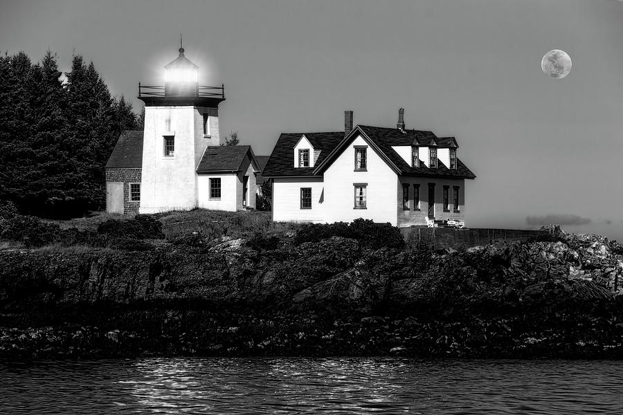 Black And White Photograph - Nighttime Lighthouse in Maine in Black and White by Kay Brewer