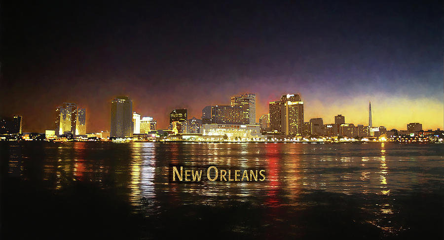 Skyscraper Painting - Nighttime Skyline of New Orleans  TEXT New Orleans by Elaine Plesser