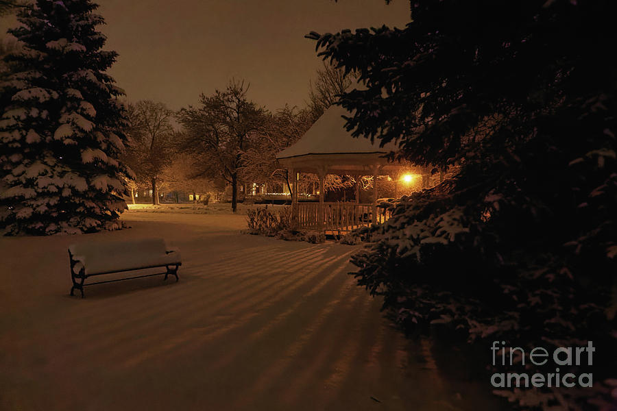 Nighttime Snowy Gazebo With Bench and Shadows Photograph by Kari Yearous
