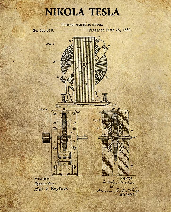 Nikola Tesla's Electro Motor Drawing by Dan Sproul