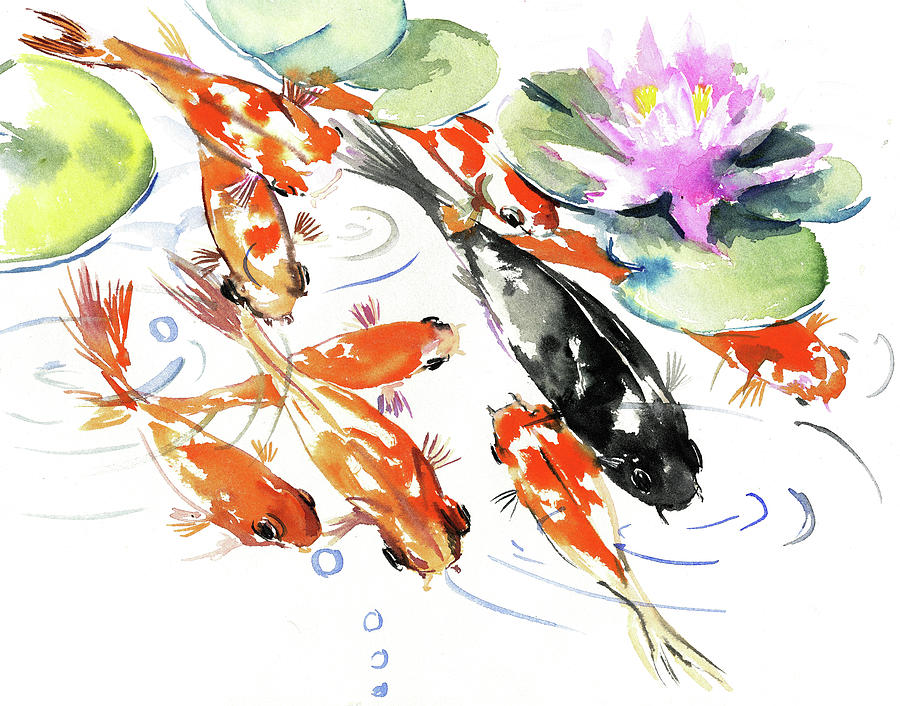 Nine Koi Fish, Feng Shui Artwork Painting by Suren Nersisyan