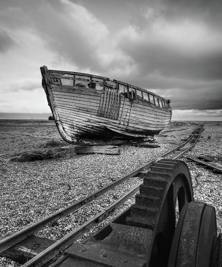No More Fishing - Abandoned Boat and Rusty Winch B W Photograph by Gill Billington