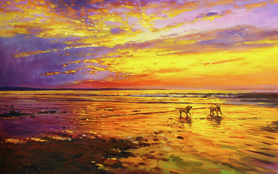 Noah and Harvey On Enniscrone Beach Painting by Conor McGuire