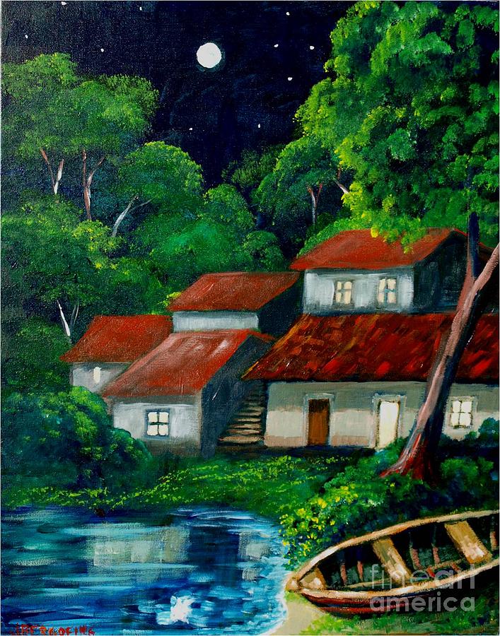 Nocturno tropical al borde del lago Painting by Jean Pierre Bergoeing