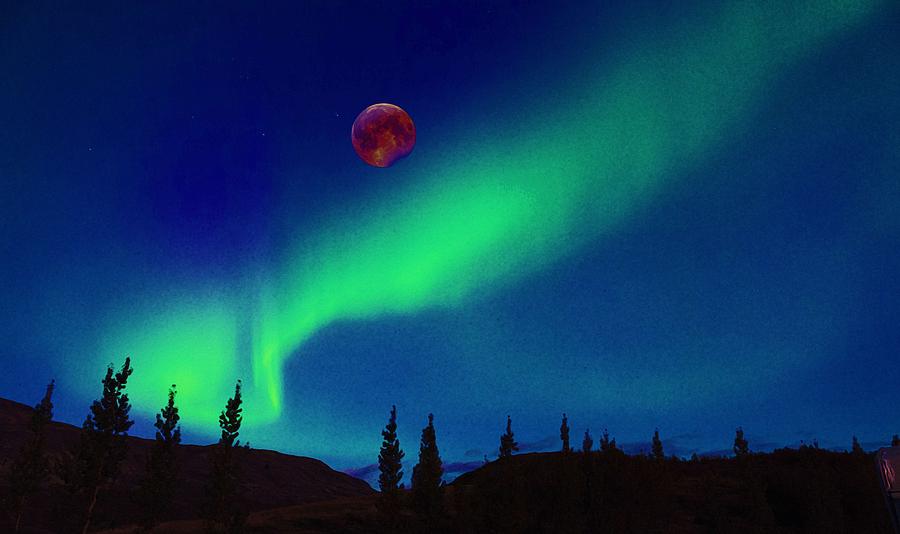 Nordic Aurora and Full Moon. Adam Asar Painting by Celestial Images