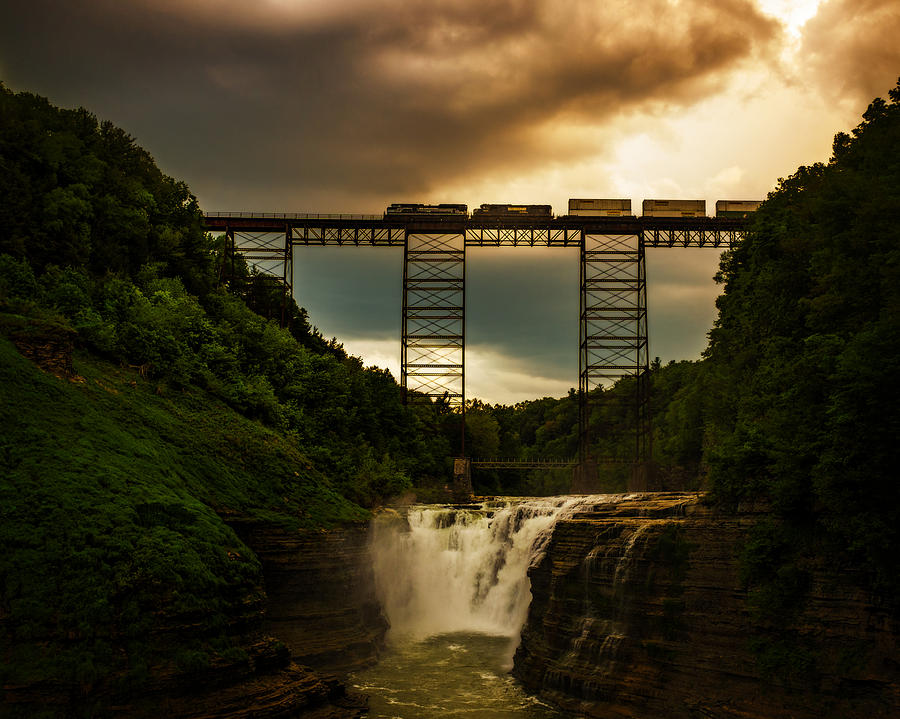 Norfolk Southern over Letchworth Upper Falls at Dusk Photograph by Chris Bordeleau