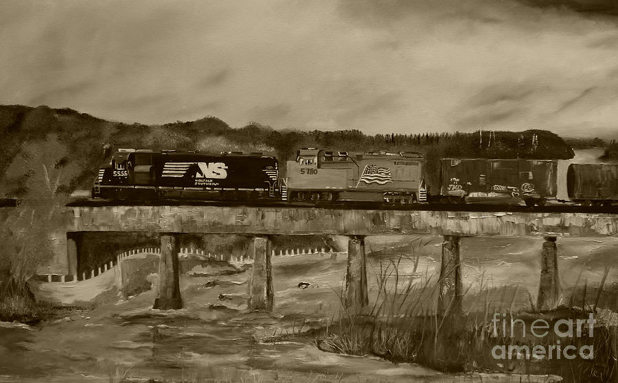 Norfolk Train - Chattahoochee River - Sepia Painting by Jan Dappen