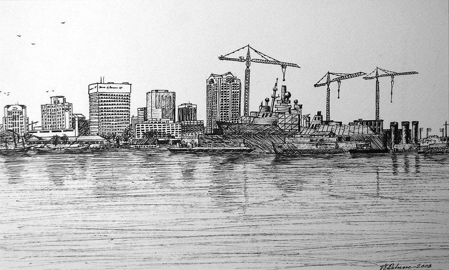 Norfolk Waterfront Drawing by Vic Delnore