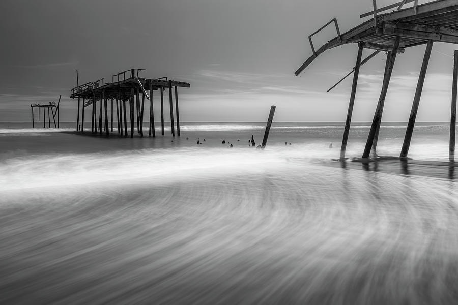 North Carolina Broken Fishing Pier in Black and White Photograph by Ranjay Mitra