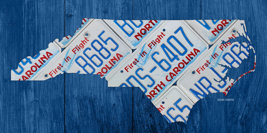 Vintage Mixed Media - North Carolina Vintage Recycled License Plate Map on Blue Wood Plank Background by Design Turnpike