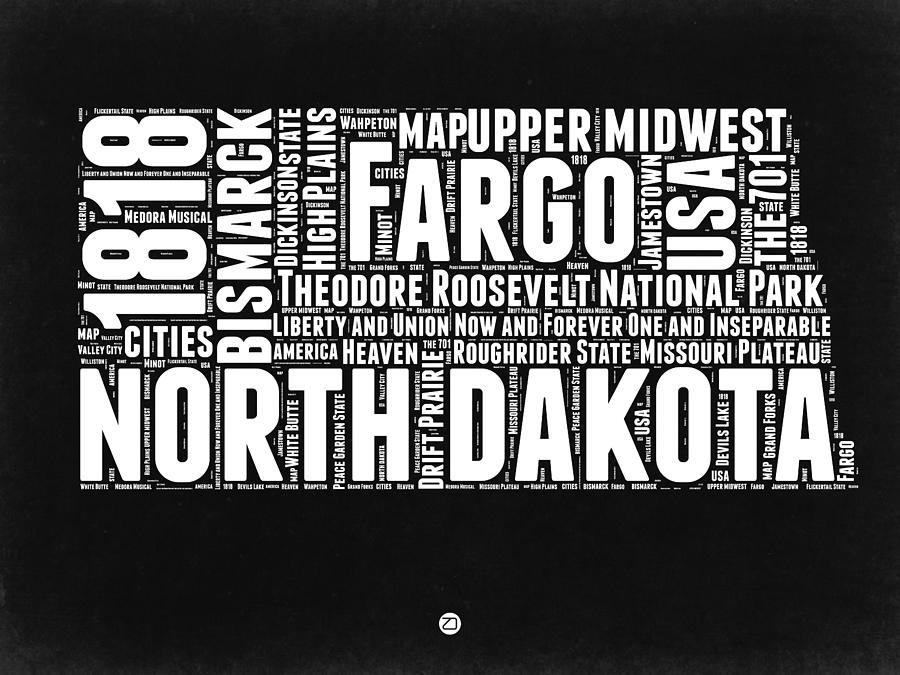Independence Day Digital Art - North Dakota Black and White Map by Naxart Studio