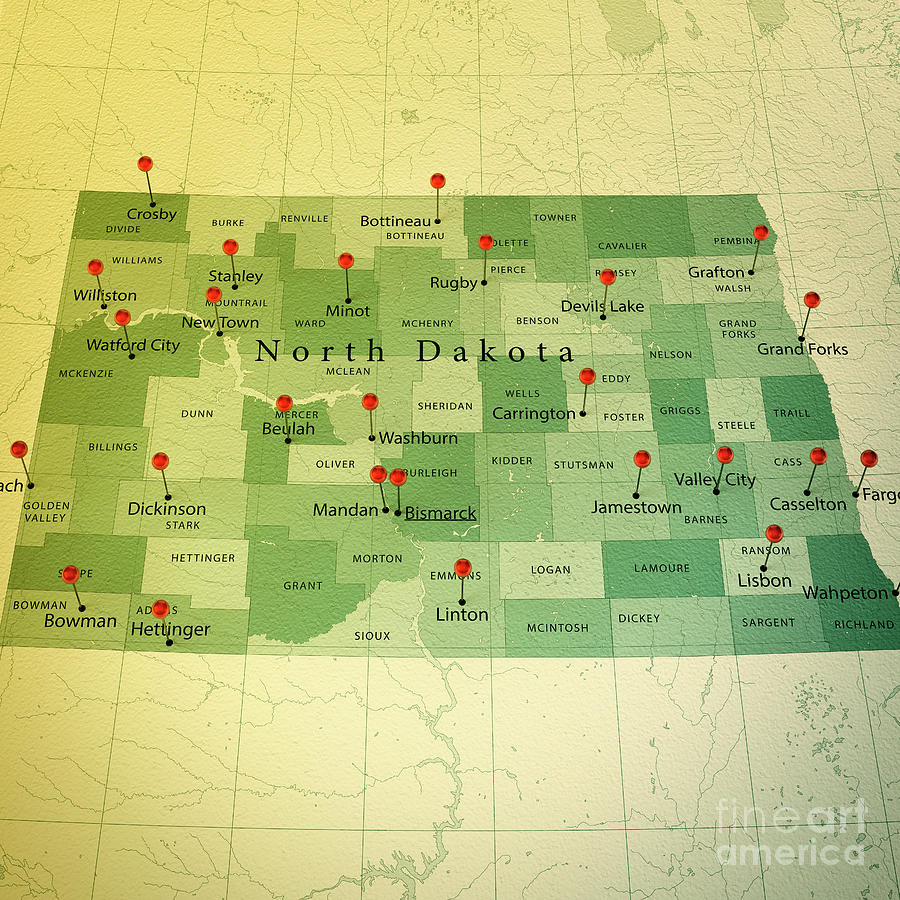 North Dakota Map Square Cities Straight Pin Vintage Digital Art by Frank Ramspott
