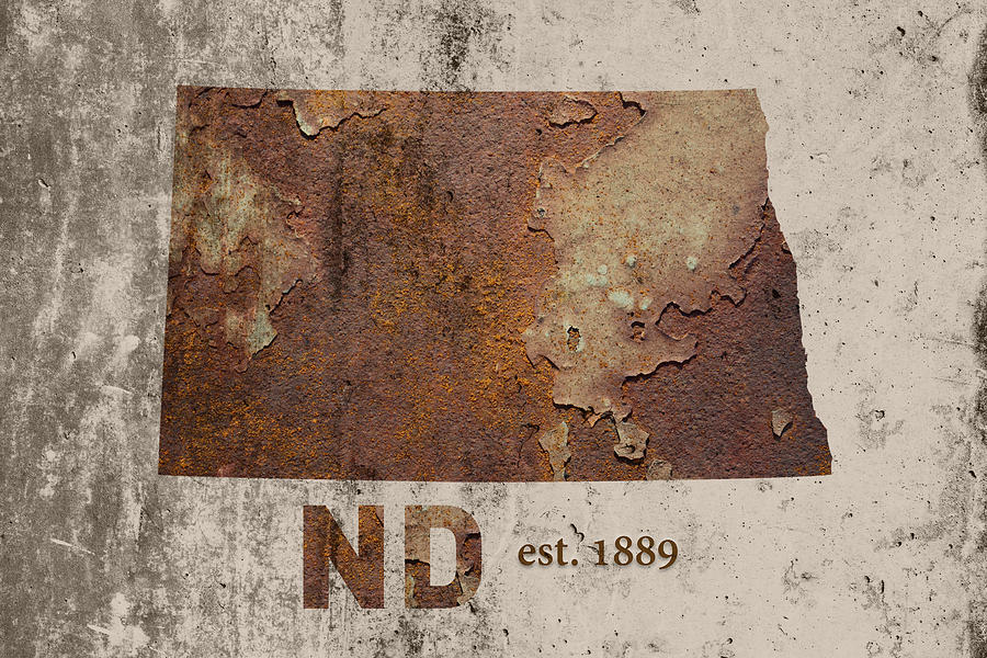 Map Mixed Media - North Dakota State Map Industrial Rusted Metal on Cement Wall with Founding Date Series 025 by Design Turnpike