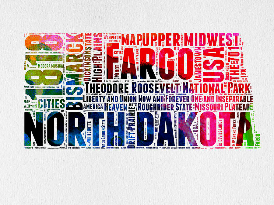 North Dakota Map Digital Art - North Dakota Watercolor Word Cloud  by Naxart Studio