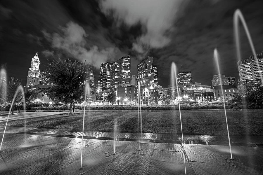 North End Park Fountains Boston MA Black and White Photograph by Toby McGuire