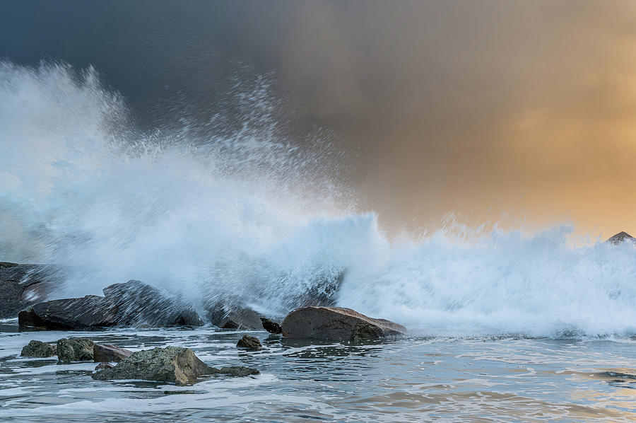 North Jetty Wave Explosion at Dusk 1 Photograph by Greg Nyquist