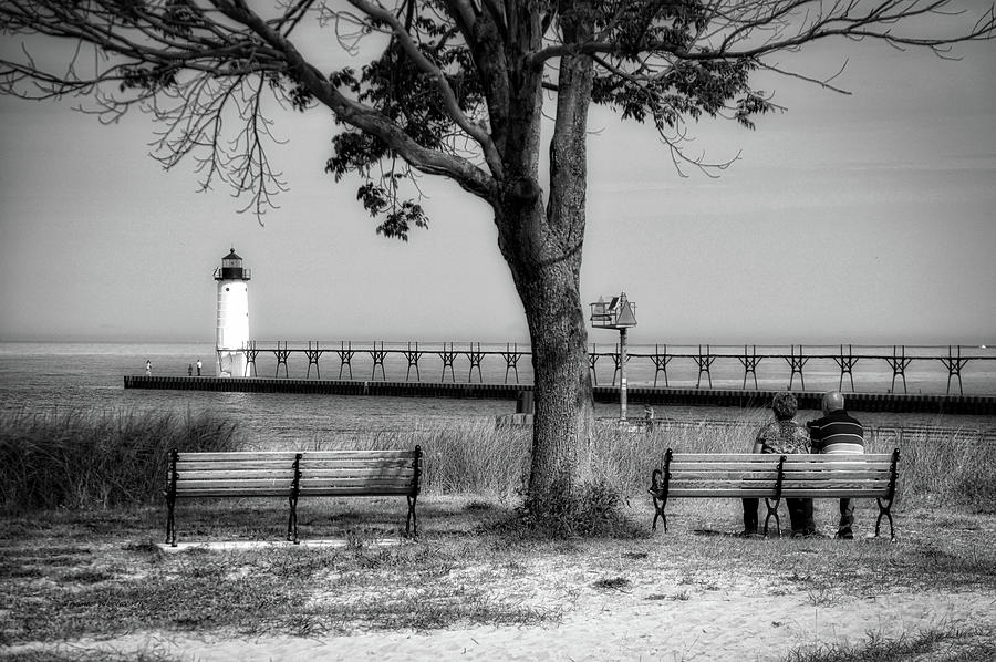 North Pierhead Lighthouse Manistee Michigan BW Photograph by Thomas Woolworth