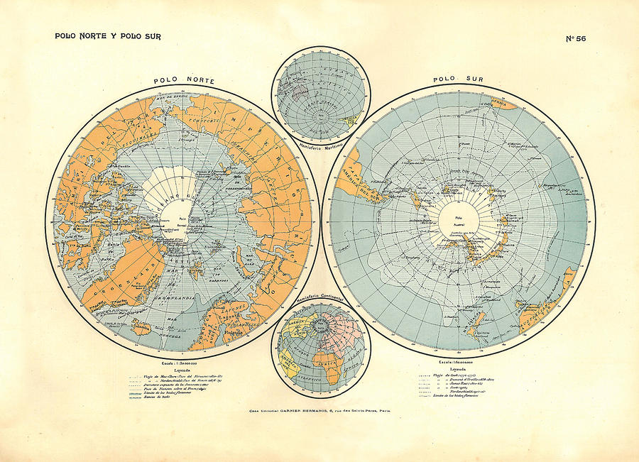 North Pole and South Pole Map Digital Art by Carambas Vintage