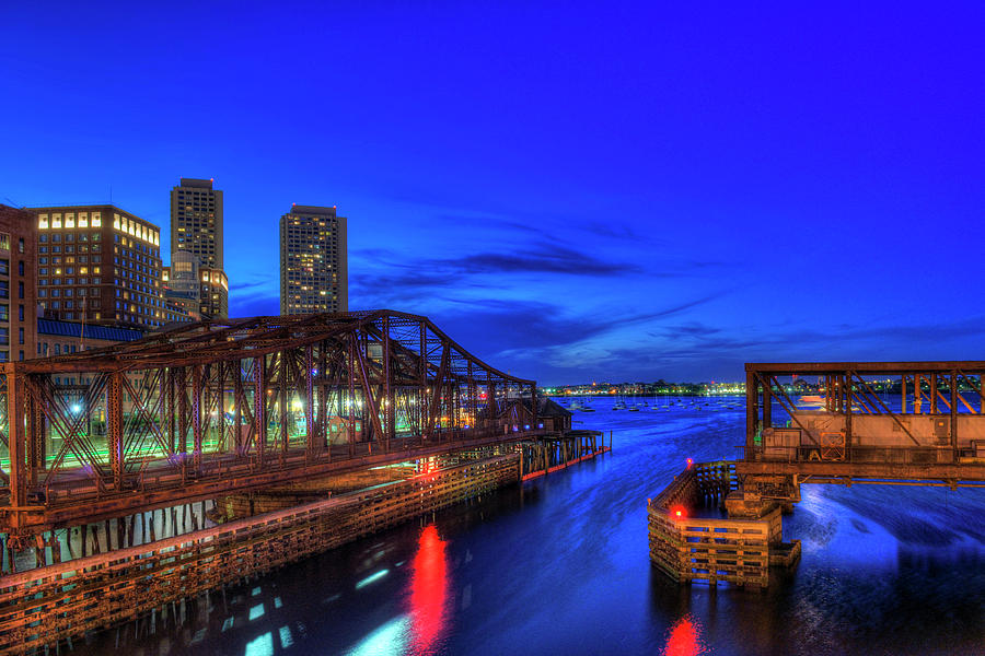 Boston Photograph - Northern Avenue Bridge and Boston Harbor at Night by Joann Vitali