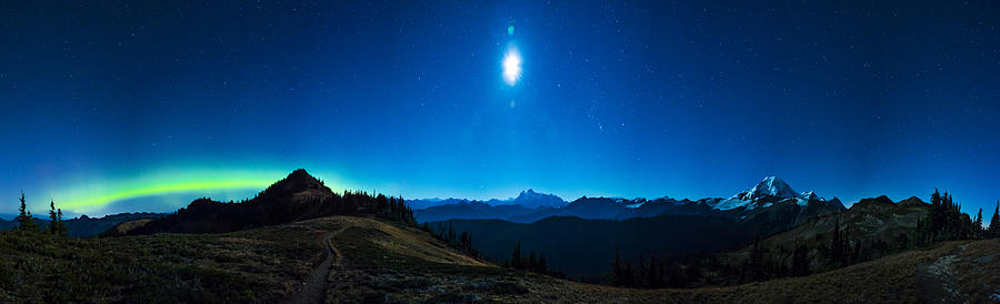 Mountain Photograph - Northern Lights, Moon, and Koma Kulshan by Pelo Blanco Photo