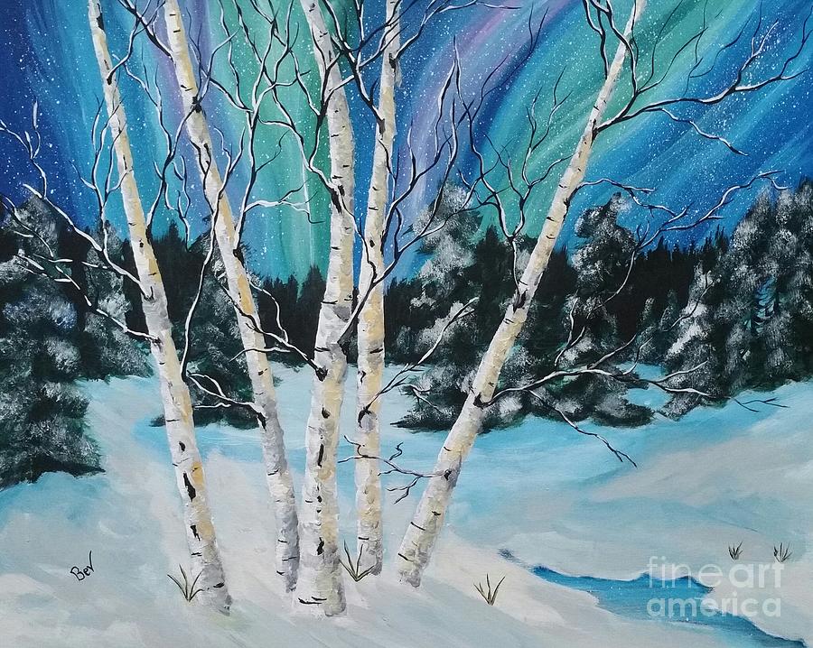 Winter Painting - Northern lights  and White Birch Trees by Beverly Livingstone