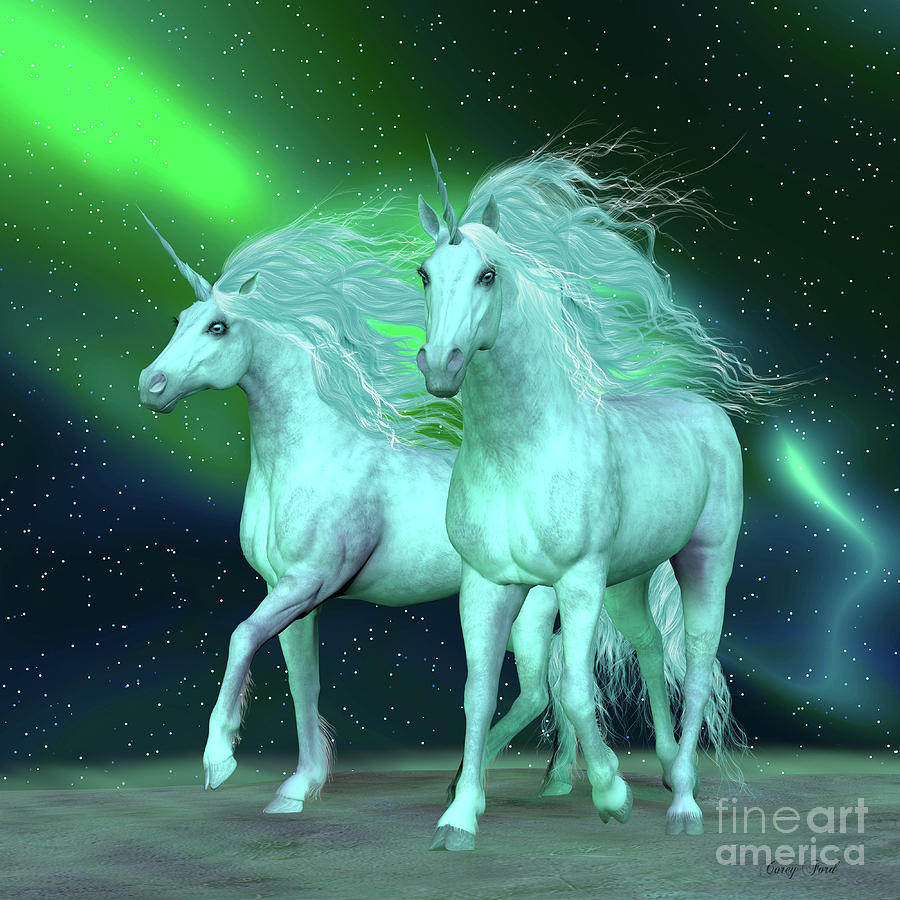 Northern Lights Unicorns Digital Art by Corey Ford