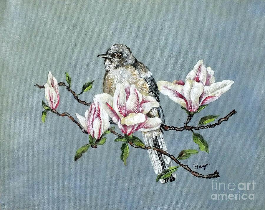 Northern Mockingbird And Magnolias - Acrylic Painting Photograph