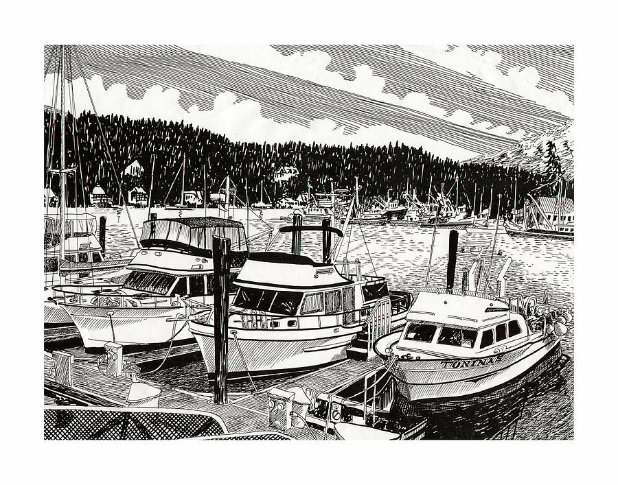 Gig Harbor Yacht Moorage Drawing by Jack Pumphrey