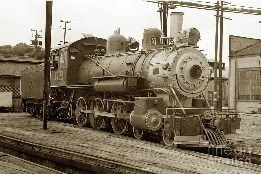 Steam Locomotive Photograph - Northwestern Pacific locomotive 4-6-0 No. 112 in the Tiburon Yard 1953 by Monterey County Historical Society