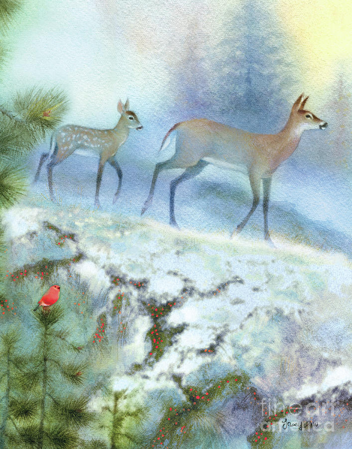 Northwoods Winter Deer Painting by Tracy Herrmann