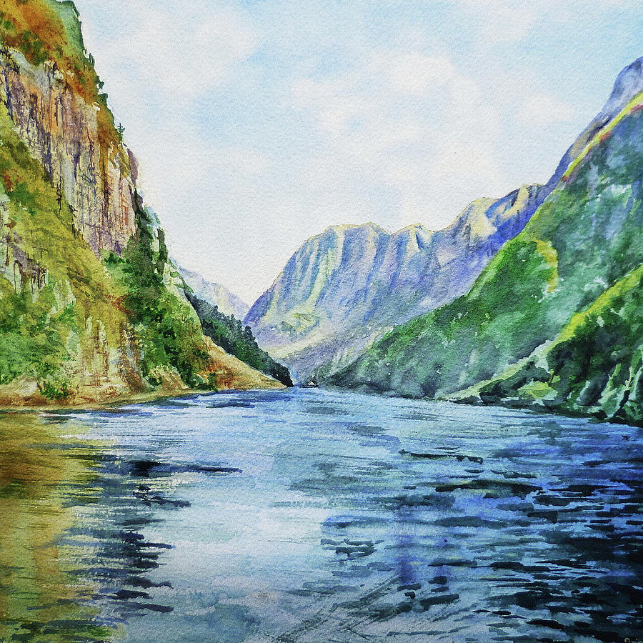 Norway Fjord Watercolor Landscape Painting by Irina Sztukowski