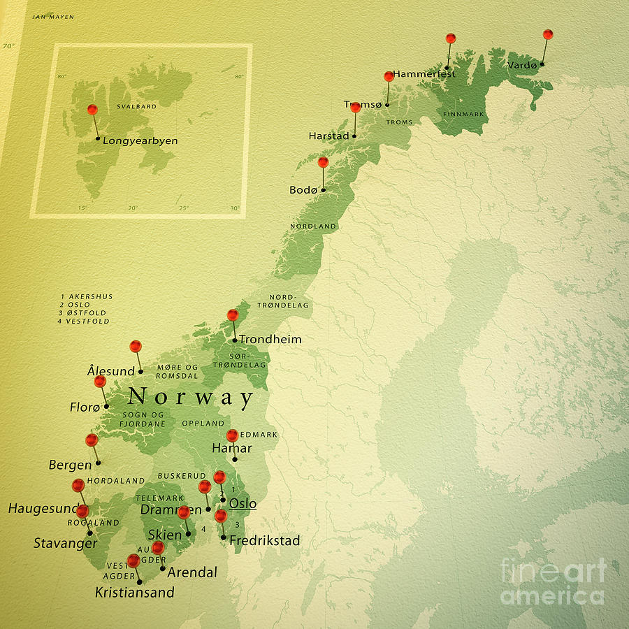 Norway Map Square Cities Straight Pin Vintage Digital Art by Frank Ramspott