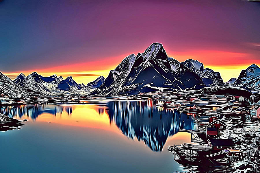 Norway sunset on lake Digital Art by Nenad Vasic